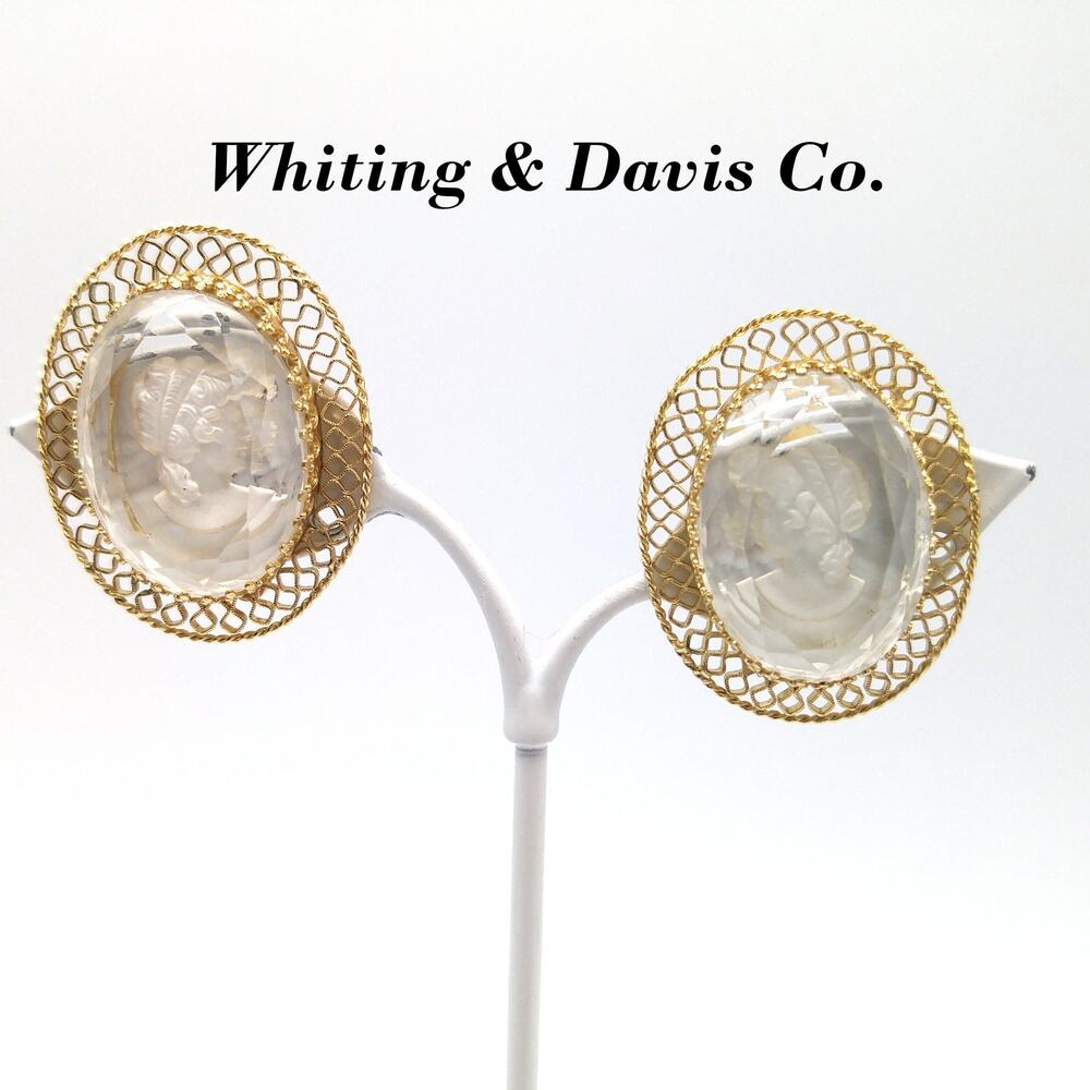 Whiting & Davis Cameo Intaglio Clip Earrings, Gold Plated, 1960s Vintage Jewelry